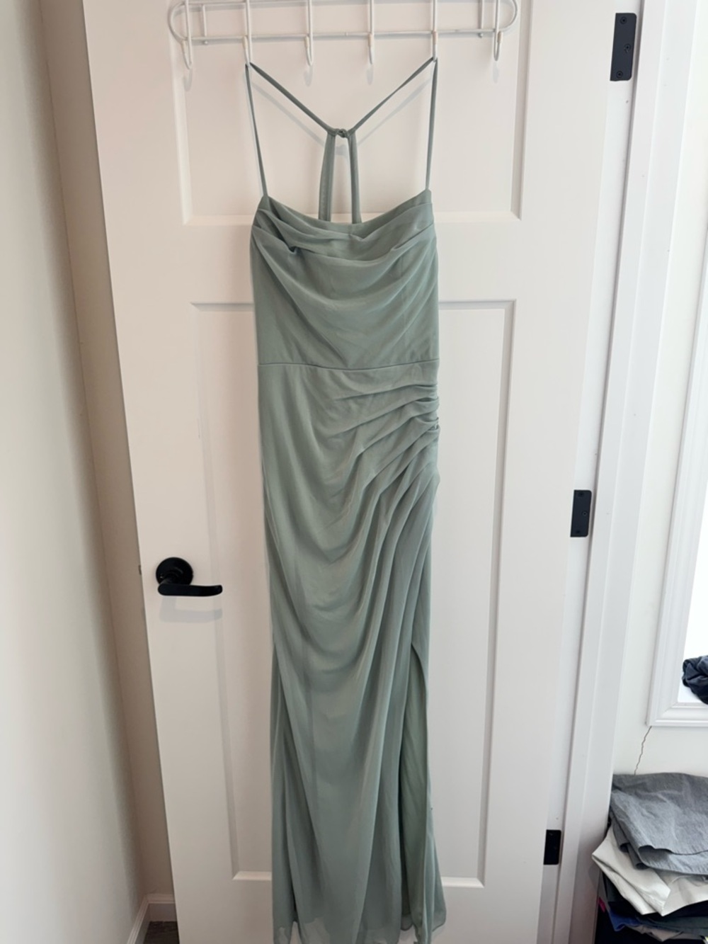 Azazie Sage Green Ruched Spaghetti Strap Maxi Dress